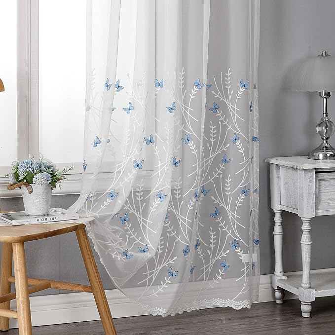 White Sheer Voile Curtains White Embossed Butterflies 63 Inches | Light by VISIONTEX