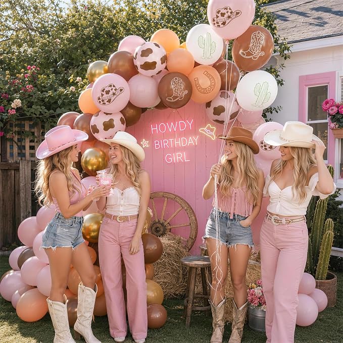 Cowgirl Balloons, Dusty Pink Brown Cow Print Latex Balloons - Image 4