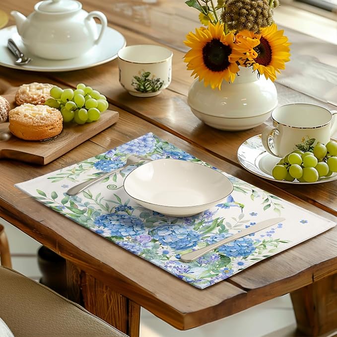 Blue Hydrangea Placemats Set of 4 Spring Summer Floral Green Leaf Bird Table - Image 6