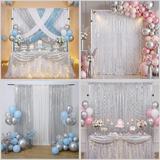 Silver Sequin Backdrop Curtains 4 Pcs 2ftx8ft Glitter Shimmer Fabric | Sparkly - Image 3