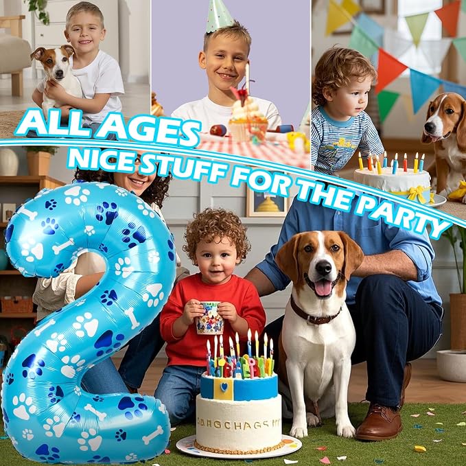 40 Inch Blue Dog Paw Birthday Balloons, Number 2 Balloons - Image 5