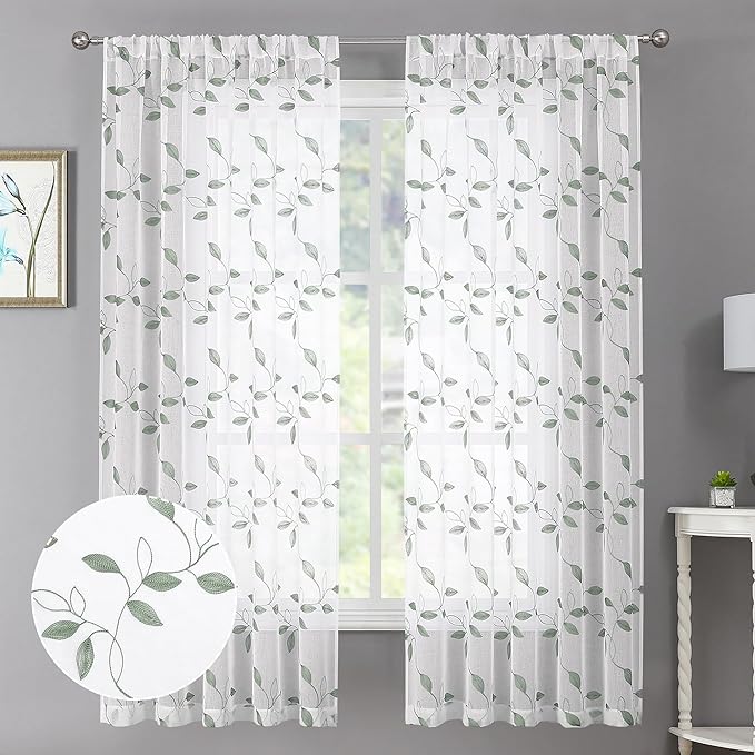 Tollpiz Sage Green Leaf Sheer Curtain Bedroom Short 38 x 45 Inches | Leaves by Tollpiz