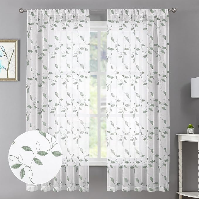 Tollpiz Sage Green Leaf Sheer Curtain Bedroom 38 x 63 Inches | Leaves by Tollpiz