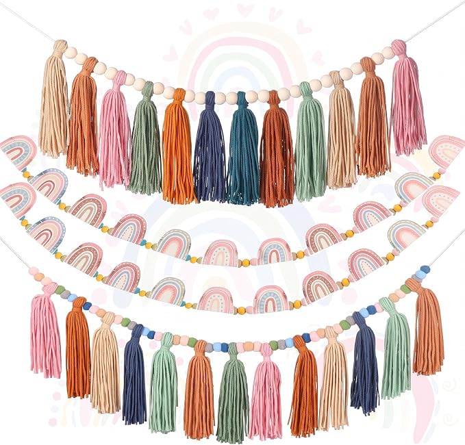 Janinka 4 Pcs Boho Tassel Garlands Rainbow Pom Pom Garland by Janinka
