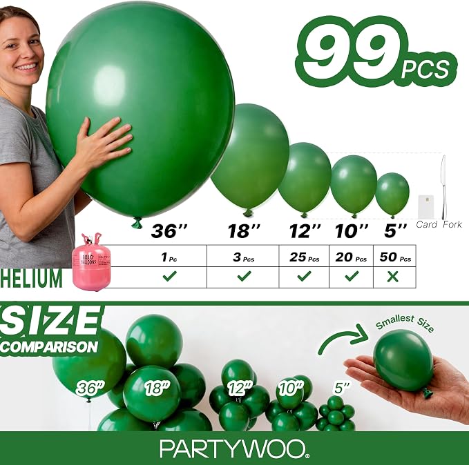 PartyWoo Dark Green Balloons 99pcs Emerald Hunter Forest Green Color | - Image 6