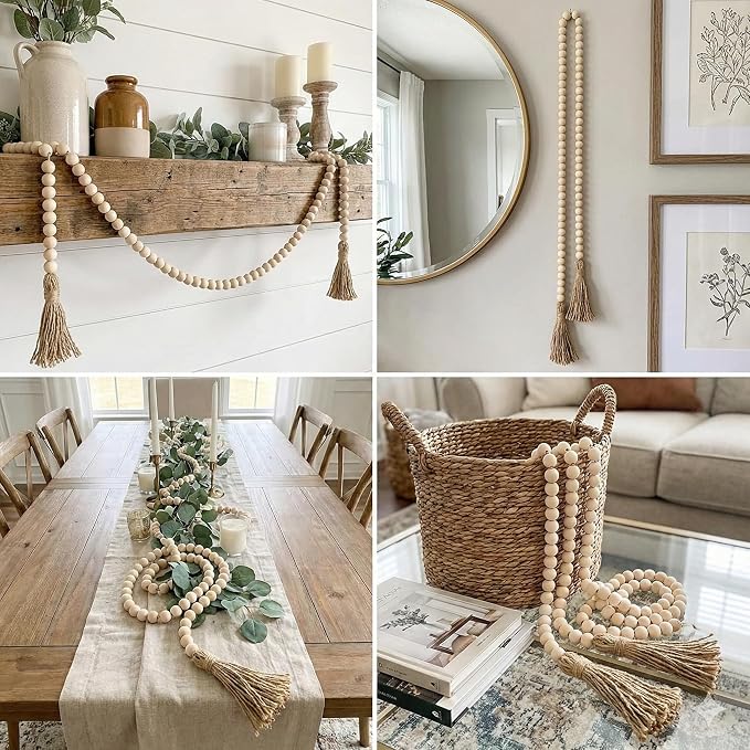 58" Decorative Beads Home Decor Wood Bead Garland | Boho Table Decor, - Image 3