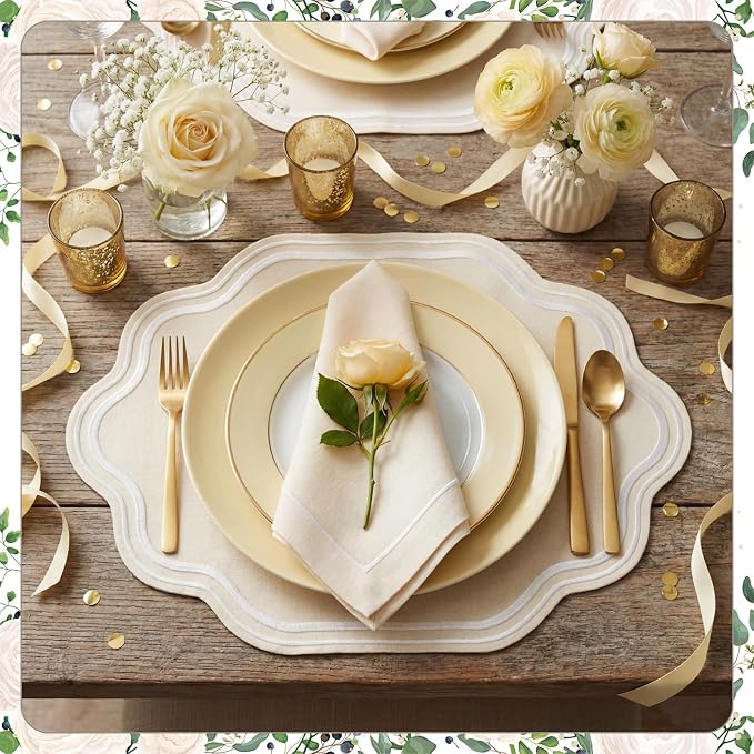 6 Pcs Beige Wedding Placemats Scalloped Embroidered Cotton Linen Placemats 17" - Image 3
