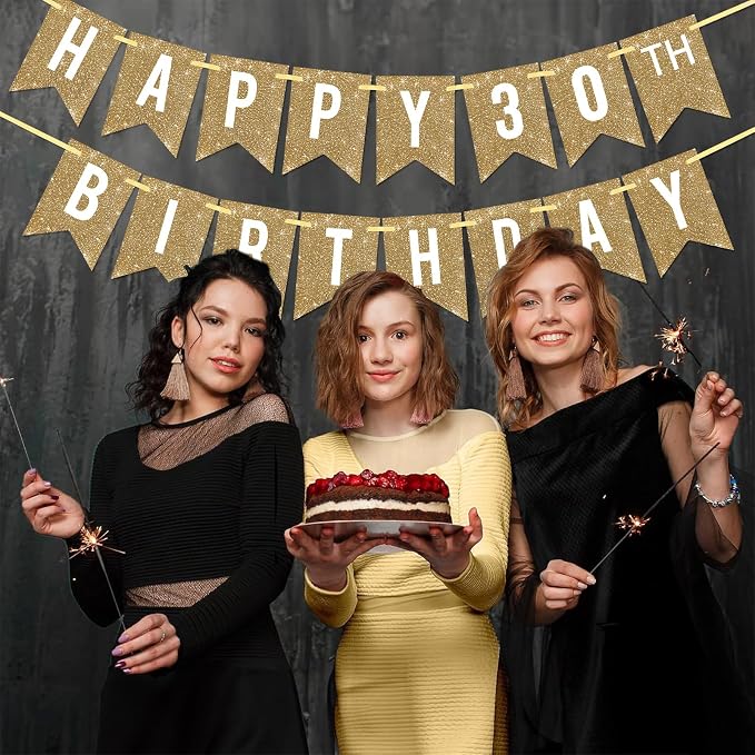 Netnology Pre-Strung Gold Glitter 30th Happy Birthday Banner Decorations | 12 - Image 5