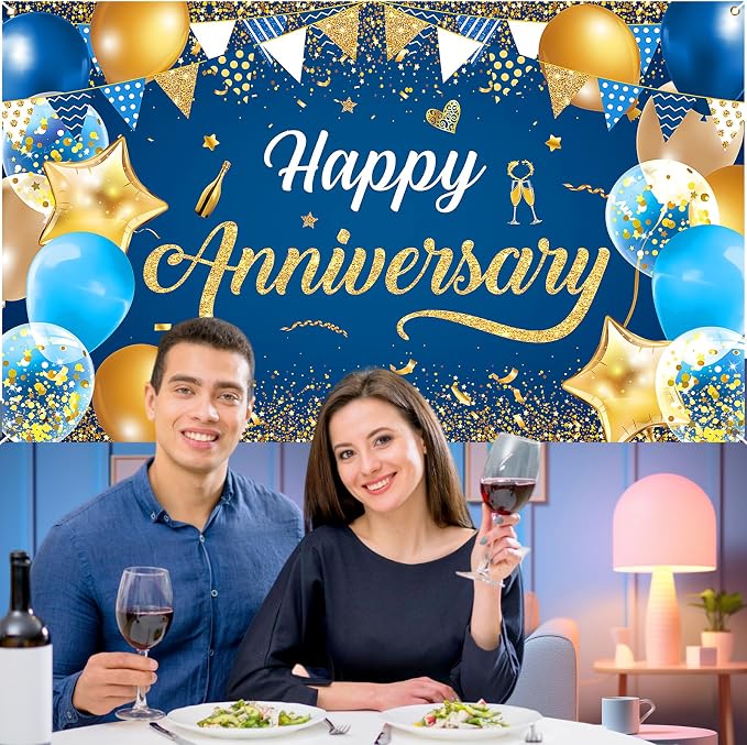 Blue & Navy Blue Gold Happy Anniversary Banner & Backdrop | Happy Anniversary - Image 3