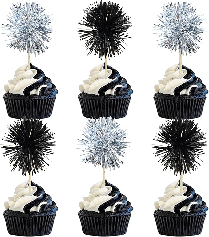 Gyufise 30Pcs Foil Firework Cupcake Toppers Sparkle Tinsel Cake Toppers Tinsel by Gyufise