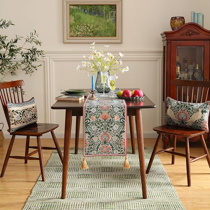 ISAENNE Designer French Green Elegant Linen Table Runner 118 Inches Extra Long,Colorful Flower Pattern Soft Table Runners for Dining Tables,Thanksgiving,Kitchen Tables,Christmas,12"*118"-Naples B