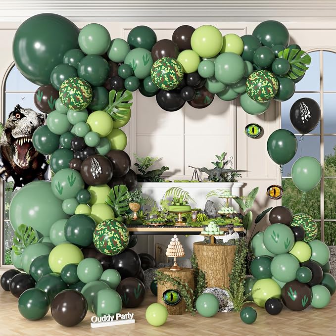 170Pcs Dinosaur Balloons Garland Arch Kit, Hunter Sage Green Brown Black Light by OuddyParty