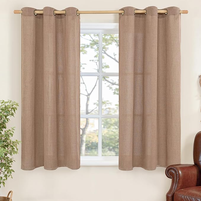 YoungsTex Mocha Brown Linen Curtains 48 Inch Length, Short Semi Sheer Drapes by YoungsTex