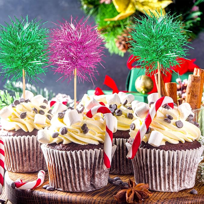 Chinco 100 Pcs Pink and Green Foil Firework Witch Cupcake Toppers Party Favors - Image 4