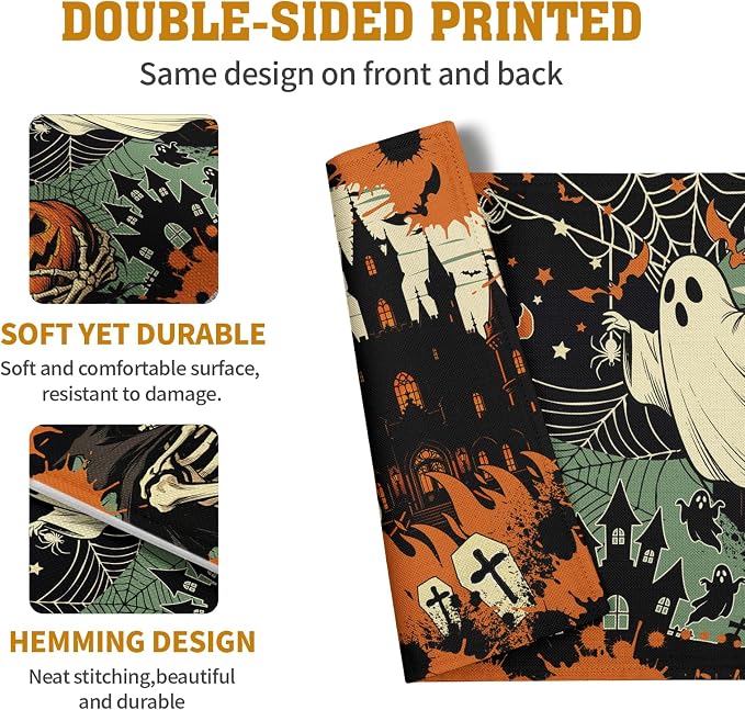 Halloween Skeleton Ghost Placemats Set of 4 12x18 Inch Spooky Pumpkin Bat Table - Image 5