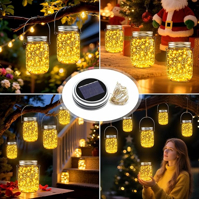 ZNYCYE Mason Jar Solar Lights for Outside, 6 Pack 30 LED Fairy Lights Mason Jar Solar Lids Outdoor Waterproof String Lights with Hangers (No Jars) for Patio Garden Yard Lawn Decor - Warm White