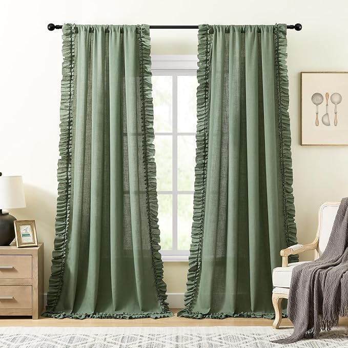Dark Sage Green Ruffle Curtains Boho Farmhouse 58 x 72 Inch, 2 Panels | Rod - Image 2