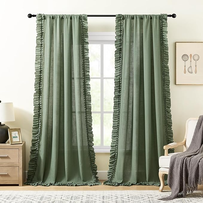 Dark Sage Green Ruffled Curtains - Image 2