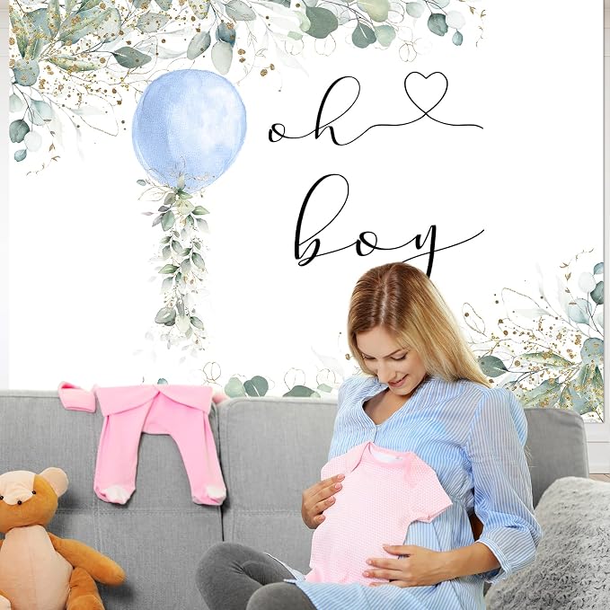Mocsicka Oh Boy Watercolor Blue Balloon Backdrop Greenery Boy Baby Shower - Image 4