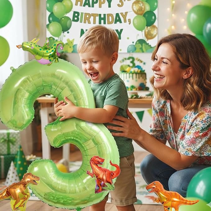 Dinosaur 3rd Birthday Decorations 40 Inch Giant Green Number 3 Foil Balloon | - Image 5