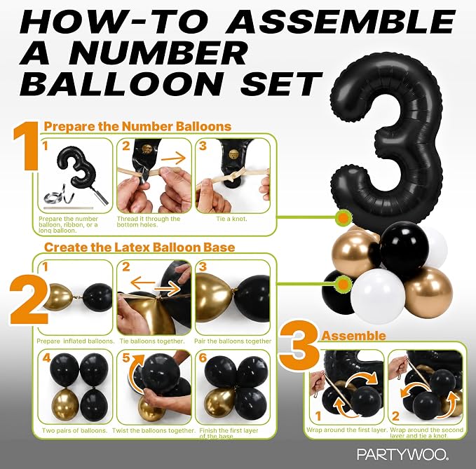 PartyWoo Number Balloons 40 Inch Black Number 3 Kit 25pcs - Image 7