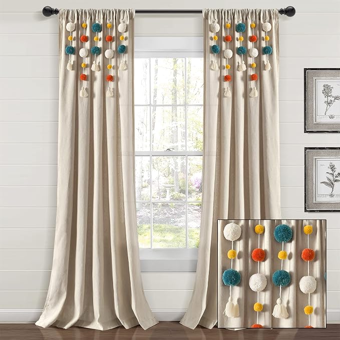 Lush Decor Boho Pom Pom Tassel Linen Textured Window Curtain Panel, Single 52" - Image 8