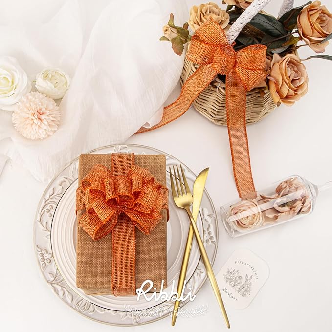 Ribbli Orange Burlap Wired Ribbon, 1” Inch x Continuous 20 Yard, Orange Wired Ribbon for Wreaths,Big Bows,Tree Decoration,Outdoor Decoration