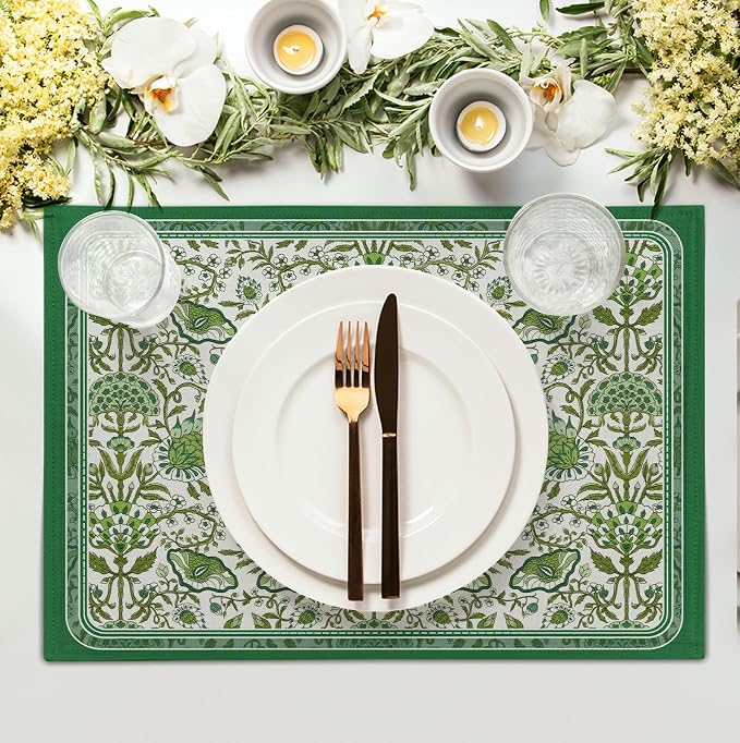 Green Floral Boho Placemats Set of 4, 12x18 Inch Vintage Chinoiserie Block - Image 2