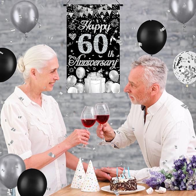 60th Anniversary Decorations Small Banner Black Silver Happy 60th Anniversary - Image 2