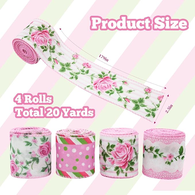 4 Rolls Pink Rose Floral Wired Edge Ribbon – 2.5 Inch, 5 Yards Each, Summer - Image 3