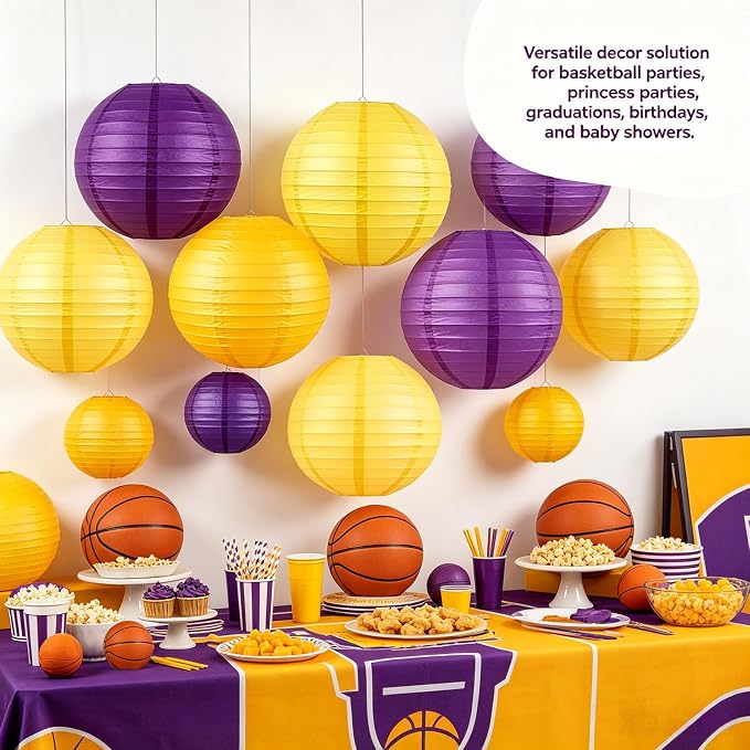 Purple Yellow Round Paper Lanterns Set of 12, 6/8/10 Inch Multi Colored Hanging - Image 3
