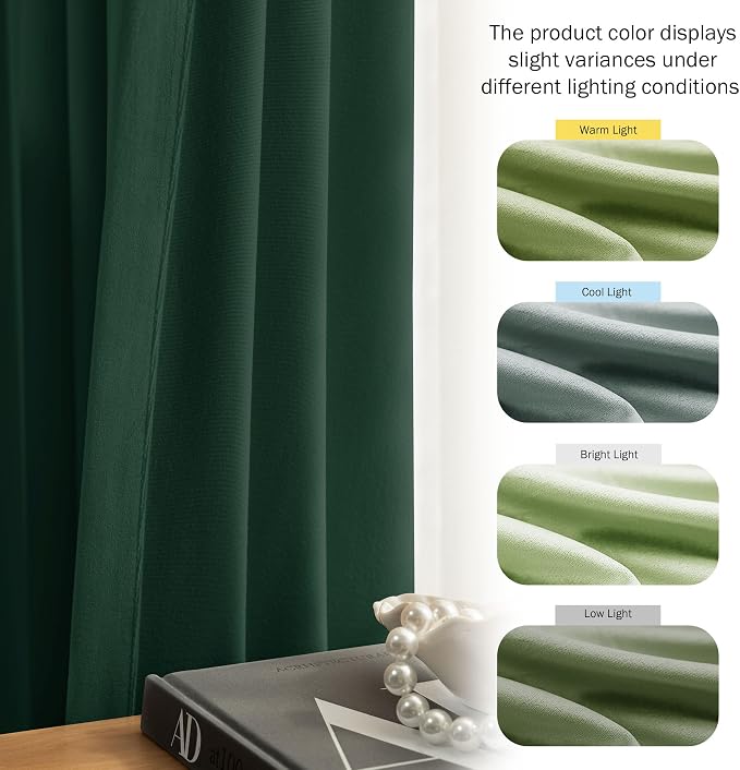 Beauoop Velvet Curtains for Bedroom Living Room Dark Green 52x84 2 Panels | - Image 6