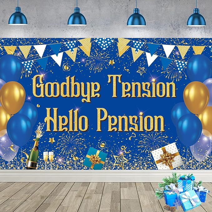 Blue Gold Goodbye Tension Hello Pension Backdrop Banner Photography Background by SMENGGIL