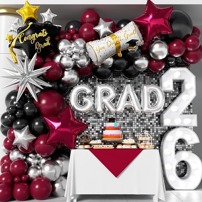 Graduation Balloons Garland Kit 153Pcs, Maroon Black Silver Balloon Arch Kit by PTGOLUO