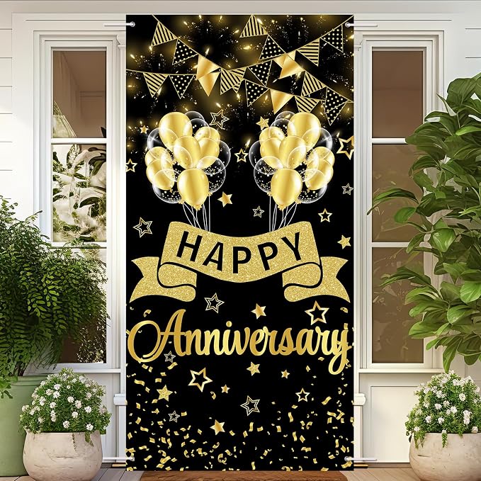 Happy Anniversary Door Banner Wedding Decorations Door Cover Black Gold - Image 5