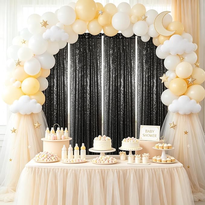 ShinyBeauty Sequin Curtains 4 Panels Black Backdrop 2x8ft Party Photo Decor | - Image 2