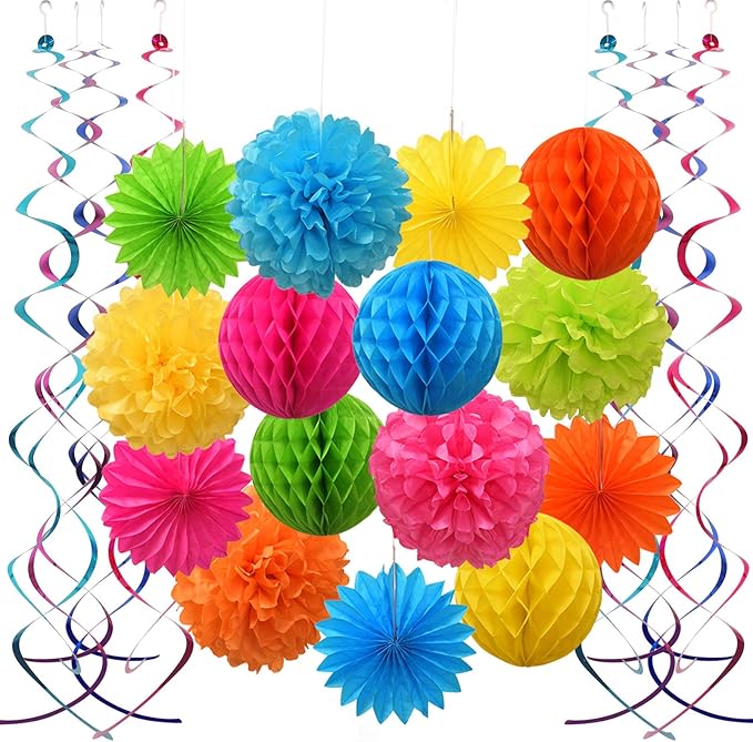 Colorful Paper Party Decorations, Tissue Paper Flower&Party Pom Poms wth Swirl by Unknown