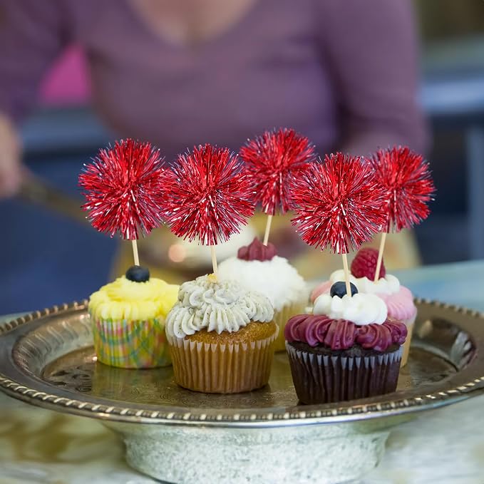 Gyufise 30Pcs Foil Firework Cupcake Toppers Sparkle Tinsel Cake Toppers Tinsel - Image 5