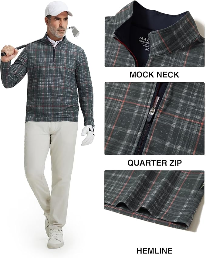 M MAELREG Quarter Zip Golf Pullover Men Dry Fit Long Sleeve Performance Wicking 1/4 Zip Full Print Pullover Mens Sweatshirt