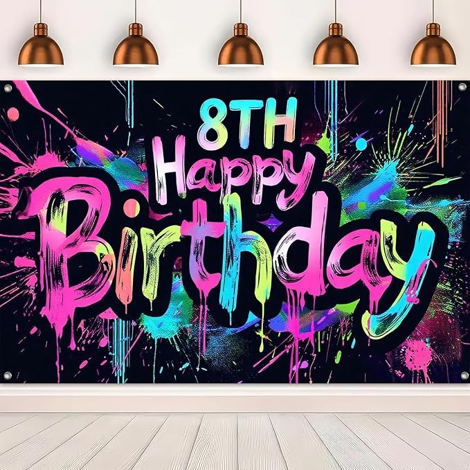 HOMETITUTE Neon 8th Happy Birthday Banner 71x43 Inch Birthday Backdrop | Glow - Image 5