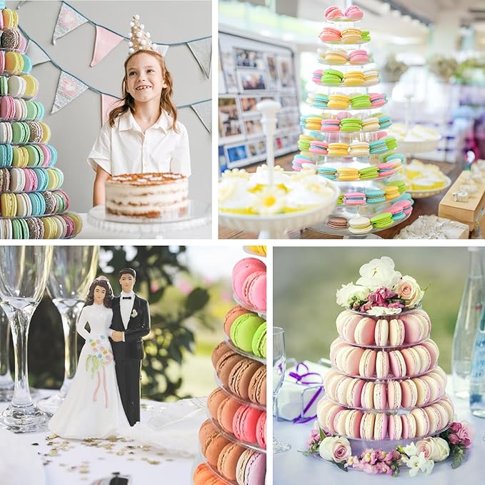 10 Tiers Macaroon Tower Stand with 8'' Silicone Tongs, Round Macaron Tower Cake Display Rack Plastic Cupcake Stand Macarons Desserts Serving Tray for Birthday Wedding Party Decor (10 Tiers with Tongs)