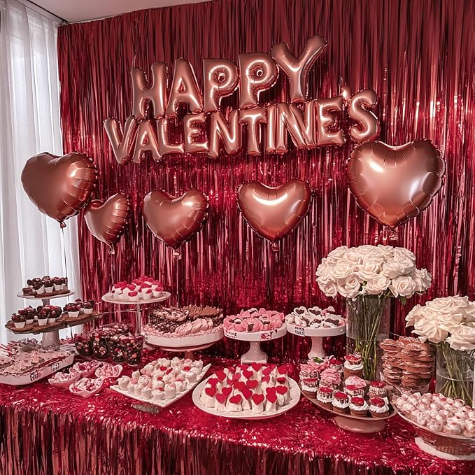 PartyWoo Red Foil Fringe Tinsel Streamers Backdrop Curtain 2pcs 8.2FT | Red - Image 3