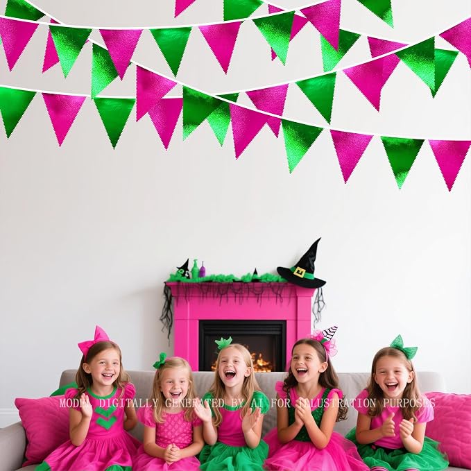 Pink and Green Party Decorations Metallic Hot Pink Light Green Fabric Triangle - Image 5