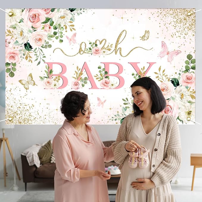 Mocsicka Girl Baby Shower Backdrop Banner Pink Floral Decorations - Image 3