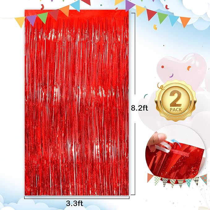 Red Streamers Foil Fringe Curtain 3.3 x 8.3ft Party Streamers 2Pack Metallic - Image 3