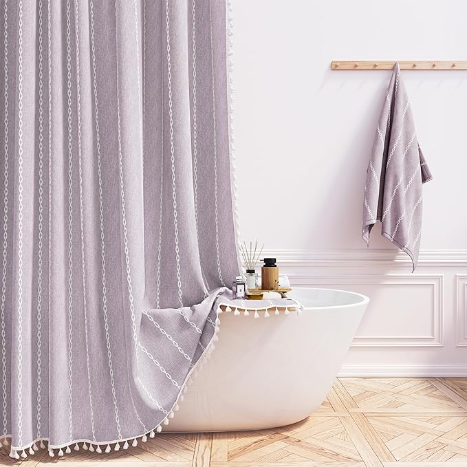 Small Boho Linen Heavy Duty Cloth Shower Curtain Set, Lavender | Stall Size by ShowerCurtain