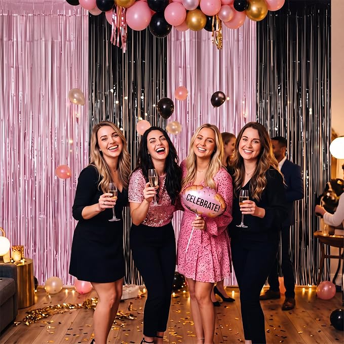 Frienda 4pcs Pink and Black Party Decorations 6.6ft Fringe Curtains Decorations - Image 3
