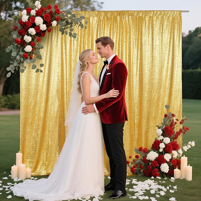 SquarePie Sequin Backdrop Curtain Not See Through Background for Wedding Party 4FT x 7FT Gold