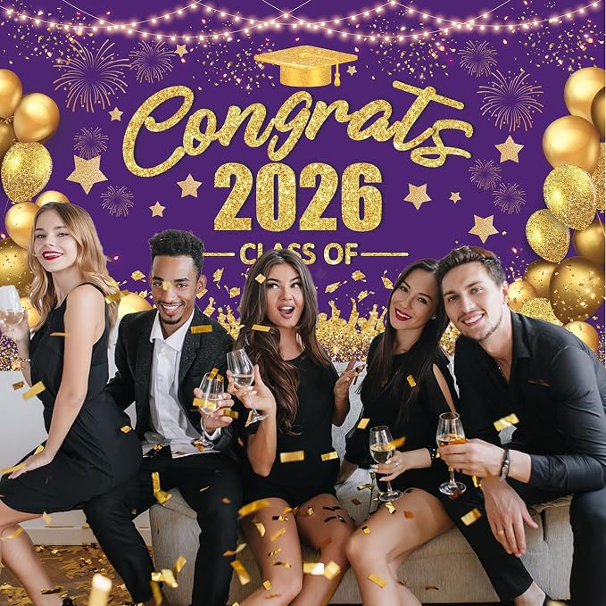 Purple and Gold Class of 2026 Banner Congrats Graduation Decorations - Image 2