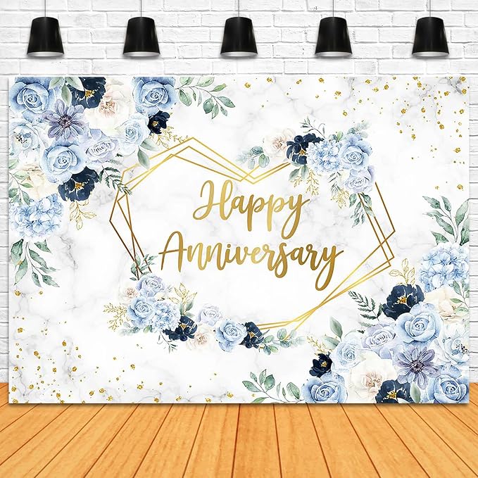 Happy Anniversary Backdrop 7x5ft Blue and White Flowers Wedding Anniversary - Image 4